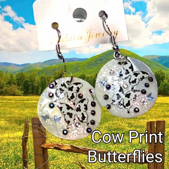 Cow Print Butterfly Sparkly Earrings - Picture 4 of 8